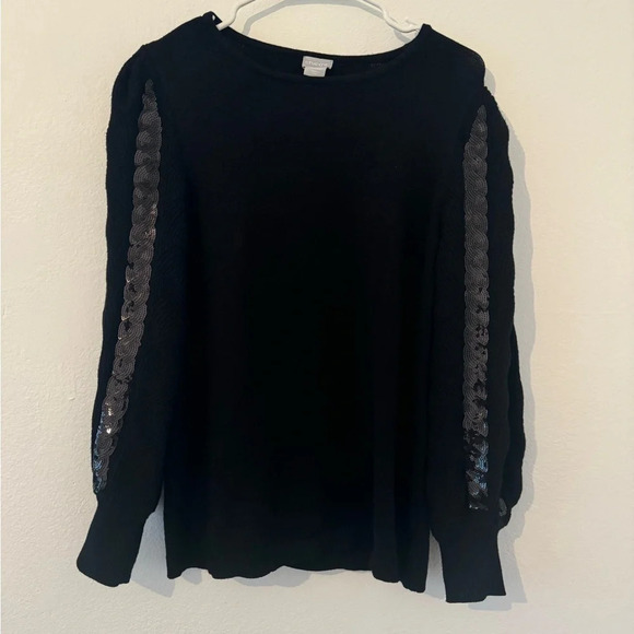 Chicos Textured Pullover Sequin Sleeves Black Sweater Party Size 1 US Medium - Picture 1 of 8